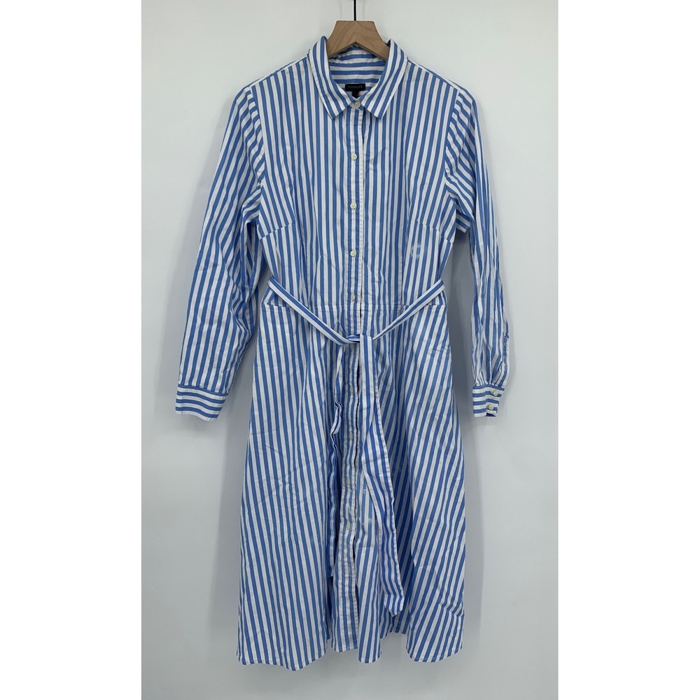 Talbots Shirt Dress Womens 14 Blue White Striped Cotton Long Sleeve Belted Midi